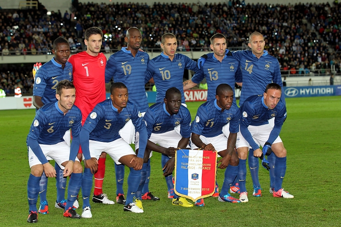 2014 FIFA World Cup European Qualifiers France team group line up  FRA , SEPTEMBER 7, 2012   Football   Soccer : France starting line up, back row, left to right: Mapou Yanga Mbiwa, Hugo Lloris, Vassiriki Diaby, Karim Benzema, Anthony Reveillere, Jeremy Menez, Front row, left to right: Yohan Cabaye, Patrice Evra, Mamadou Sakho, Rio Mavuba, Franck Ribery pose before the FIFA World Cup Brazil 2014 Qualifier European Zone Group I match between Finland 0 1 France at the Olympic Stadium in  Photo by Juha Tamminen AFLO 
