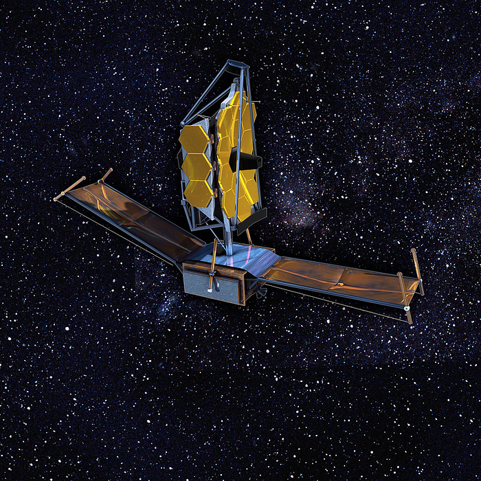 James Webb Space Telescope, illustration James Webb Space Telescope  JWST , illustration. This is an infrared telescope that is scheduled to be launched in October 2021. It will be positioned near the Earth Sun L2 Lagrangian point. It will have a 6.5 metre diameter mirror  upper centre , with which it will study the formation of stars and planetary systems, and the history of the universe. By using infrared wavelengths, the JWST will be able to see through much of the dust that obscures visible light. It will also study dark matter, which is thought to form the majority of the matter in the universe., by GREGOIRE CIRADE SCIENCE PHOTO LIBRARY