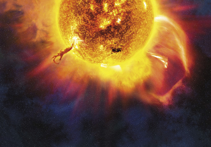 Active sun, illustration Illustration of solar flares erupting from the surface of the Sun. A solar flare occurs when magnetic energy that has built up in the solar atmosphere is suddenly released., by GREGOIRE CIRADE SCIENCE PHOTO LIBRARY