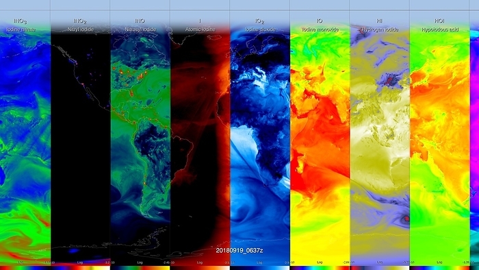 Chemicals in Earth s atmosphere, computer simulation Map showing the distribution of eight different chemicals in slices of the Earth s atmosphere. These are surface concentrations  from the period of 22nd July to 2nd October 2018. These chemicals react in the presence of sunlight to produce ground level ozone.  While ozone in the stratosphere protects us from the Sun s ultraviolet radiation, lower down in the atmosphere it is a harmful pollutant. Data produced by the GEOS modeling system with atmospheric chemistry., by NASA s Scientific Visualization Studio SCIENCE PHOTO LIBRARY