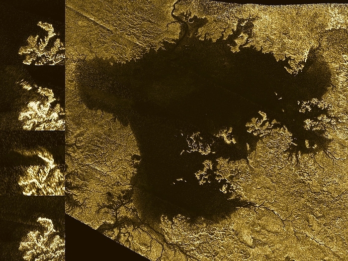 Hydrocarbon sea on Titan, radar images Radar images of a hydrocarbon sea on Titan taken by NASA s Cassini spacecraft. They show the evolution of a transient feature in the large hydrocarbon sea named Ligeia Mare on Saturn s moon Titan. The images at left show the same region of Ligeia Mare as seen by Cassini s radar during flybys in  from top to bottom  2007, 2013, 2014 and 2015. The bright features are examples of active processes in Titan s lakes and seas. The changing nature demonstrates that Titan s seas are dynamic environments. The large panel shows Ligeia Mare, which is Titan s second largest liquid hydrocarbon sea with has a total area of about 130,000 square kilometres. This panel is a mosaic of five synthetic aperture radar images acquired by Cassini between 2007 and 2014. It shows a region approximately 530 by 490 kilometers in area., by NASA JPL Caltech ASI Cornell SCIENCE PHOTO LIBRARY
