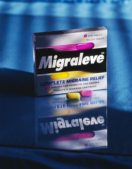 Migraine pills Migraine pills. Two pill migraine treatment with the proprietary name of Migraleve. Migraines are severe, repeating headaches, often accompanied by other symptoms such as nausea and photophobia  dislike of bright light . A migraine starts when blood vessels to the head dilate after a period of constriction. Migraleve Pink tablets contain the painkilling  analgesic  drug paracetamol  500mg , the sedative and mild analgesic drug codeine  8mg  and the sedative buclizine hydrochloride  6mg . A Migraleve Yellow tablet only contains paracetamol and codeine. Treatment starts with a Pink pill, followed by a Yellow pill if symptoms persist. The Migraleve brand is marketed by Pfizer.
