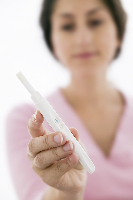 Home pregnancy test MODEL RELEASED. Home pregnancy test. Woman holding a home pregnancy test. Most home pregnancy tests check for the presence of the hormone human chorionic gonadotrophin  HCG  in a woman s urine. The hormone is secreted by the placenta of a pregnant woman.