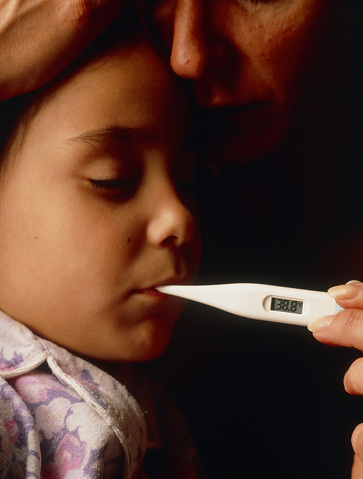 Young girl with fever has oral temperature taken Measuring oral temperature. Mother takes the temperature of her feverish young daughter with a digital thermometer. The bulb of the thermometer is placed in the mouth, and temperature is displayed in the window. In this case the temperature displayed is 38.8 Celsius. Fever, also known as pyrexia, is defined as a body temperature above 37 Celsius  98.6 Fahrenheit  if measured in the mouth. Most fevers are caused by bacterial or viral infections and may be accompanied by other symptoms such as shivering, sweating, thirst and hot skin.