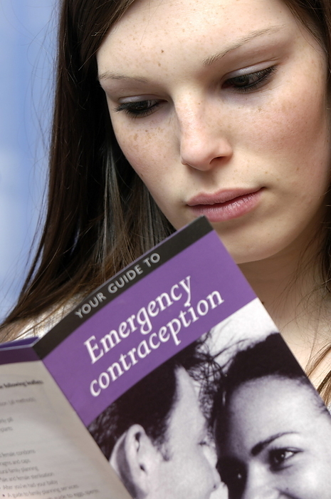 Emergency contraception information Emergency contraception information. Young woman reading a leaflet on emergency contraception. Emergency contraception comes in pill form and contains a type of progestin called levonorgestrel. It is thought to work by preventing or postponing ovulation, or by preventing the fertilised egg from implanting in the uterus.