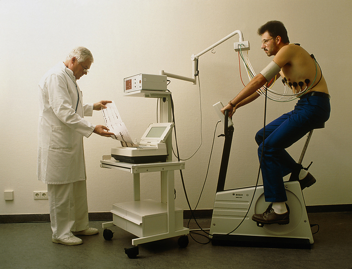 Man taking a stress test on an exercise bicycle Stress test. Man performing a stress test under the supervision of a doctor, who is studying the results as they are printed out. The test involves the man pedalling on an exercise bicycle. Electrocardiograph electrodes on his chest monitor his heart, while the cuff around his arm measures his blood pressure. Stress tests reveal how fit a patient is by monitoring the response of the heart to continuous strenuous exercise. For example, a healthy heart speeds up less during exercise than an unhealthy heart, and returns to its normal rate more quickly. Stress tests are often used to assess the recovery of heart attack victims.