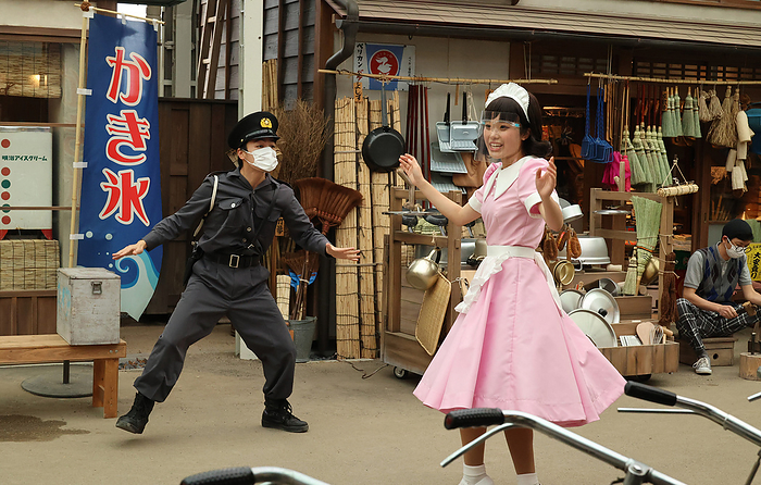 Seibuen Yuenchi Renewed Media Preview May 18, 2021, Tokorozawa, Japan   Anctors perform as a police officer and a waitress at the renovated Seibuen amusement park which has the  Showa Retro , post WWII period atmosphere shopping arcade at a press preview in Tokorozawa, suburban Tokyo on Tuesday, May 18, 2021. Seibuen amusement park, closed temporarily last year for fully renovation, will reopen on May 19 with the new attractions.      Photo by Yoshio Tsunoda AFLO  
