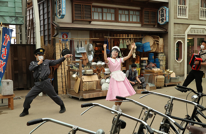 Seibuen Yuenchi Renewed Media Preview May 18, 2021, Tokorozawa, Japan   Actors perform as a police officer and a waitress at the renovated Seibuen amusement park which has the  Showa Retro , post WWII period atmosphere shopping arcade at a press preview in Tokorozawa, suburban Tokyo on Tuesday, May 18, 2021. Seibuen amusement park, closed temporarily last year for fully renovation, will reopen on May 19 with the new attractions.      Photo by Yoshio Tsunoda AFLO  