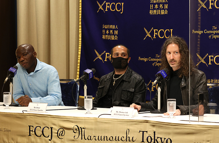 Ushiku  movie at the Correspondents  Association of Japan May 20, 2021, Tokyo, Japan    R L  American film director Thomas Ash and Kurdish refugee Deniz with Cameroonian refugee Louis Christian who were detained in an immigration detention center in Ushiku hold a press conference at the Foreign Correspondents  Club of Japan in Tokyo on Thursday, May 20, 2021. Ash filmed interviews of detainees in Ushiku center and made his latest documentary film  Ushiku .      Photo by Yoshio Tsunoda AFLO  