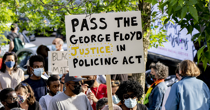 George Floyd 1 year anniversary in Mattapan May 25, 2021, Milton, Massachusetts, USA: Demonstrators march to remember the murder of George Floyd in Milton on May 25, 2021.  Photo by Keiko Hiromi AFLO  