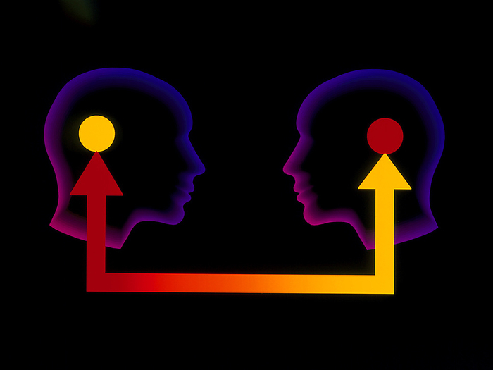 Abstract artwork of communication between 2 people Communication. Abstract artwork of communication between two people, showing arrows passing between them and pointing to areas inside each one s head.