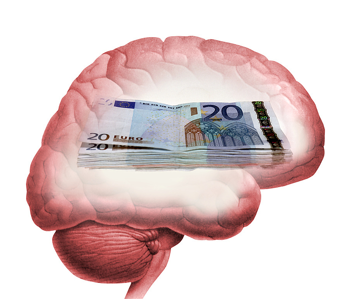 Money obsession, artwork Money obsession. Artwork of banknotes inside the human brain representing an obsession with finance or profit.