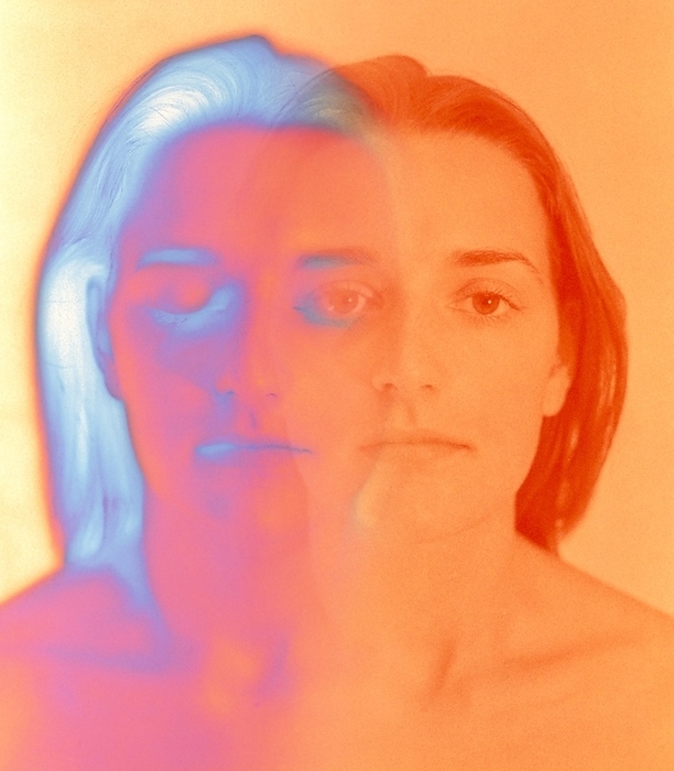 Conceptual image depicting sleep and wakefulness Biological clock. Conceptual computer image depicting human biorhythms, showing the face of a woman during sleep and wakefulness. Processes such as wakefulness and tiredness are based on a daily or circadian  24 hour  cycle regulated by hormones such as melatonin and cortisol.