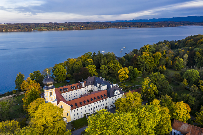 Germany Germany, Bavaria, Bernried am Starnberger See, Drone view of Bernried Abbey at summer dusk, Photo by Martin Moxter