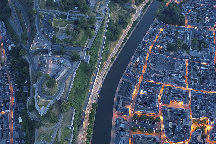 Belgium Belgium, Namur Province, Namur, Aerial view of city canal at dusk, Photo by Hans Mitterer
