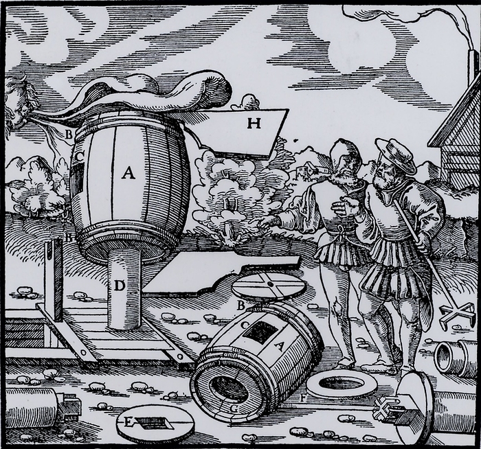 Mine ventilation shaft topped with a device to extract the stale air  Basle, 1556 . Mine ventilation shaft topped with a device to extract the stale air from the mine. H is a vane to make the barrel revolve so that is always facing in the optimum wind direction. From  De re metallica , by Agricola, pseudonym of Georg Bauer  Basle, 1556 . Woodcut.
