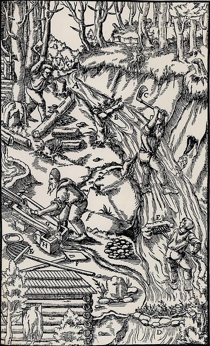 Washing for tin.  Basle, 1556 . Woodcut. Washing for tin. After digging out a substantial amount of material, the miners would alter the course of a stream. The flow of the water would wash away the light material, leaving behind the tin bearing ore. From  De re metallica , by Agricola, pseudonym of Georg Bauer  Basle, 1556 . Woodcut.