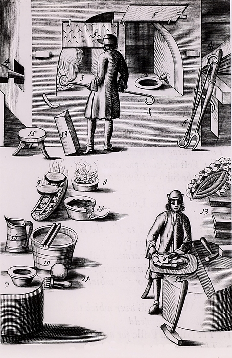 Refining of silver, in Prague in 1574. Copperplate engraving. Refining of silver, showing  2  a test put into the furnace and  3  burning the silver in a test. A test warming  8  and a roaster for making burnt silver dry  9 . From 1683 English edition of Lazarus Ercker  Beschreibung allerfurnemisten mineralischen Ertzt  und Berckwercksarten  originally published in Prague in 1574. Copperplate engraving.