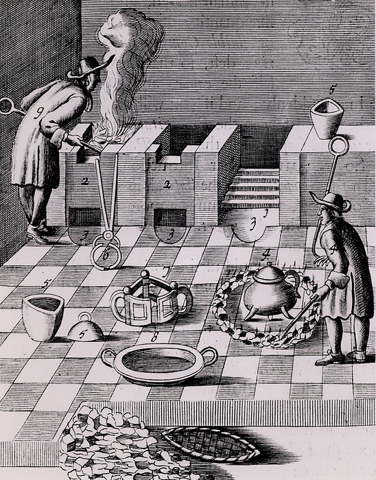 Refining gold in Prague in 1574. Copperplate engraving. Refining gold: furnaces, 2,2, and operator, 9. The man near 4 is gradually heating a crucible surrounded by a ring of burning coals: to increase the heat coals were be raked into a smaller circle. From 1683 English edition of Lazarus Ercker  Beschreibung allerfurnemisten mineralischen Ertzt  und Berckwercksarten  originally published in Prague in 1574. Copperplate engraving.