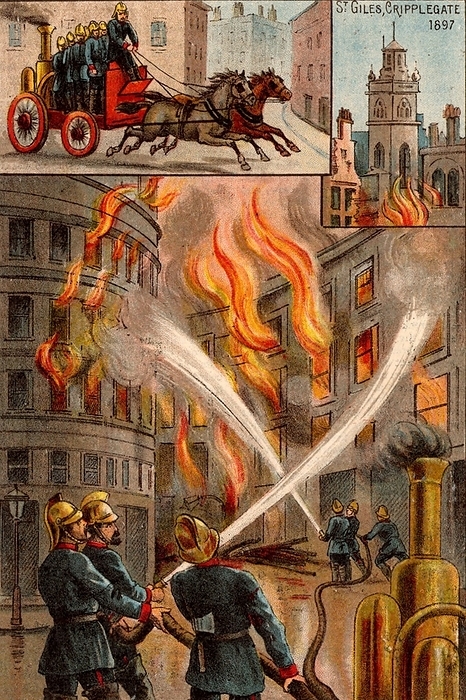 Men of the Metropolitan Fire Brigade fighting outbreak of fire 1897 Men of the Metropolitan Fire Brigade fighting outbreak of fire in the City of London 19 November 1897. About 100 warehouses destroyed and the roof of St Giles Church, Cripplegate which had survived Great Fire of 1666 was damaged and John Milton s monument burnt. Horse drawn steam fire engine used to pump water. From  Bubbles  c1900 published by Dr Barnados Homes for children. Oleograph.