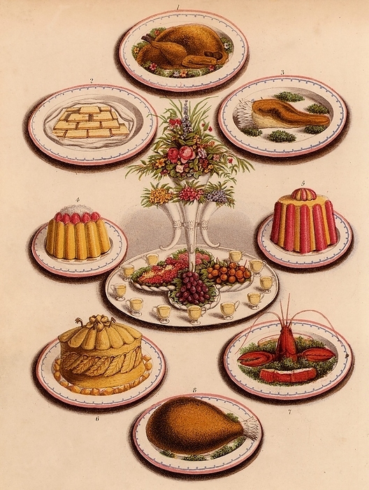 Sweet and savoury dishes for a buffet. c1895. Sweet and savoury dishes for a buffet. The centrepiece is an epergne of flowers on a tray with fruit and custard glasses and a moulded jelly on either side. Other dishes are a turkey, a ham, sandwiches, a boiled tongue, game pie with aspic jelly, and lobster. Chromolithograph from  Cassell s Book of the Household   London, c1895 .