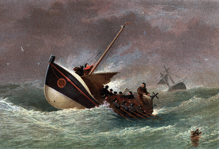 Lifeboat of the Royal National Lifeboat Institution, in heavy seas,, 1864. Lifeboat in the livery of the Royal National Lifeboat Institution in heavy seas returning from a rescue mission. Founded in 1824 by William Hillary  1771 1847  as the National Institution for the preservation of life from shipwreck  the organisation is still responsible for the lifeboat service round the British coast and raises its funds by voluntary contributions. Kronheim chromolithograph published London, 1864.