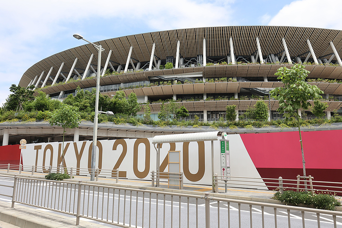 Olympic rings are displayed in front of the national stadium in Tokyo June 5, 2021, Tokyo, Japan   Tokyo 2020 logo is displayed on the fence of the national stadium in Tokyo on Saturday, June 5, 2021. Japanese sponsors of the Tokyo 2020 Olympic Games called to postpone the games several months, news reported.      Photo by Yoshio Tsunoda AFLO 