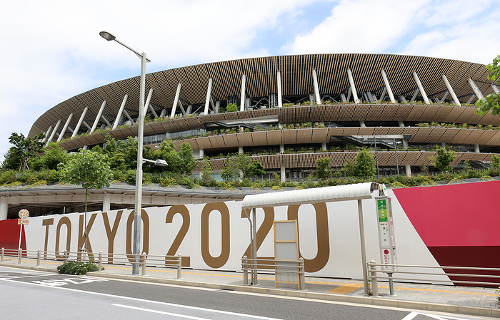 Olympic rings are displayed in front of the national stadium in Tokyo June 5, 2021, Tokyo, Japan   Tokyo 2020 logo is displayed on the fence of the national stadium in Tokyo on Saturday, June 5, 2021. Japanese sponsors of the Tokyo 2020 Olympic Games called to postpone the games several months, news reported.      Photo by Yoshio Tsunoda AFLO 