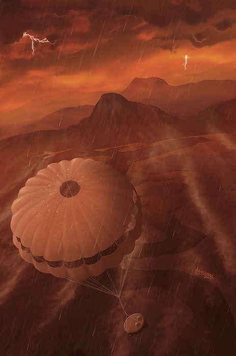 Planetary probe Huygens probe at Titan. Artist s impression of the Huygens probe descending toward the surface of Titan, the largest moon of Saturn. A huge electrical storm is seen in the clouds, accompanied by a rain of liquid ethane. Huygens is seen here under its main parachute, which allows the probe time to make measurements of the middle atmosphere. Huygens is a European project included in NASA s Cassini mission, and will arrive at Titan on 27 November 2004. Thick clouds containing organic compounds obscure the whole surface, preventing study by previous spacecraft such as the Voyager missions.