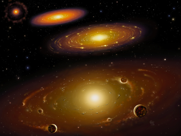 Artwork of stages in the solar system s formation Solar system formation. Artwork of stages in the formation of the solar system. At top left, the new Sun is seen with the glowing ring of the solar nebula around it. This gas and dust has formed a ring around the rotating Sun at upper left. At upper centre, the dust and gas is coalescing into small bodies by gravitational attraction. At lower centre, planetesimals have formed from the thinning dust and gas, and they glow orange due to the energy of countless impacts. The planets are thought to have formed around 4.6 billion years ago.
