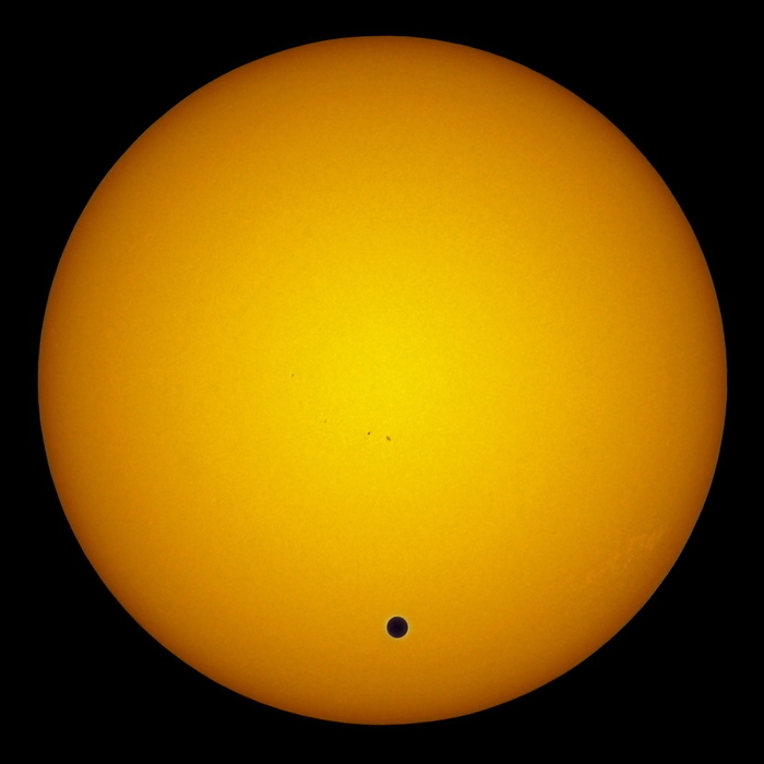 Transit of Venus, 8th June 2004 Transit of Venus. Venus is the black dot seen on the Sun. This image was taken at 09:19 GMT on 8th June 2004, from Waldenburg, Germany. A transit occurs when Venus passes in front of the Sun as seen from Earth. This is the first transit since 1882. Venus is an Earth sized planet that orbits in between Earth and the Sun. It does not appear to cross the Sun s disc during every orbit as the orbital paths of the Earth and Venus are not in exactly the same plane. Venus transits occur in pairs separated by eight years, with alternating intervals of 121.5 and 104.5 years in between pairs. Only Mercury and Venus can transit the Sun as seen from Earth.
