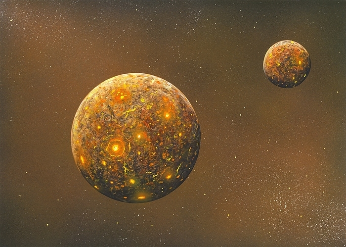 Formation of the Moon, artwork Formation of the Moon. Image 1 of 4. Artwork first stage in a sequence showing the giant impact theory of the formation of the Moon. This theory says that an object about the size of Mars  right  collided with the Earth  left  around 4.6 billion years ago, soon after they both formed. Material from the outer layers of both bodies was thrown into orbit around the Earth, forming a ring. This then coalesced to form the Moon. For the whole sequence, see images R340 853 to R340 856.