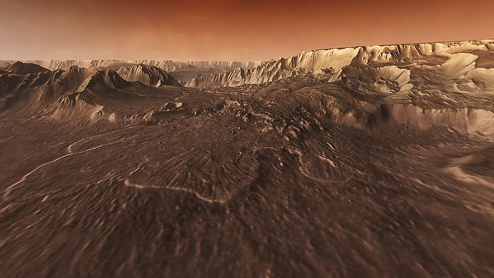 Martian landslide, 3D image Martian landslide, 3D image based on satellite data. Perspective view of an ancient landslide in Valles Marineris, the largest canyon system on Mars. The canyon system is thought to have been formed by a combination of tectonic activity and water erosion. The canyon walls are many kilometres high. This image was generated using infrared data from the Mars Odyssey spacecraft s Thermal Emission Imaging System, and topographical data from the Mars Global Surveyor spacecraft s Mars Orbiter Laser Altimeter, both of which are in orbit around Mars.