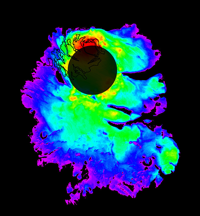 Mars  polar ice cap Mars  polar ice cap, altimetric radar image. The thickness   of the cap is color coded from purple  0 0.5 kilometres, thinnest  through to red  3.5 kilometres, thickest . The total volume of ice contained in the cap is the equivalent to a layer of water 11 metres deep across the planet. The total volume of ice contained in the cap is equivalent to a layer of water 11 metres deep across the planet. The thickness of the cap was measured using the Mars Advanced Radar for Subsurface and Ionospheric Sounding  MARSIS  onboard the Mars Express orbiter. To generate the map, this data was combined with topographic data obtained by the Mars Orbiter Laser Altimeter onboard the Mars Global Surveyor orbiter. The dark circular area covers latitudes where data cannot be collected. The dark circular area covers latitudes where data cannot be collected.
