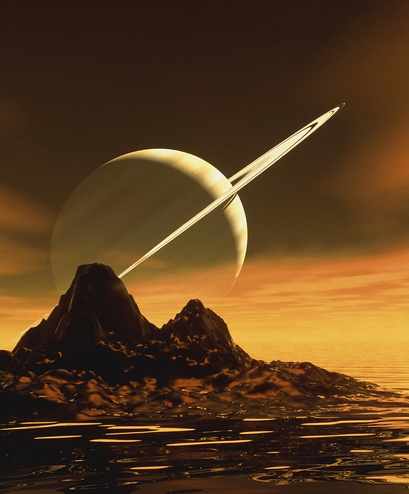 Computer artwork of Titan s surface and Saturn Titan. Computer artwork of the surface of Titan, the largest of Saturn s moons. The planet is seen in the sky. Larger than the planet Mercury, Titan is the second biggest moon in the solar system and the only one with a planet like atmosphere. Its surface is hidden by a dense blanket of orange, methane rich clouds, from which a rain of organic compounds is thought to fall. The moon is probably made of a mixture of ice and rock, and seas of ethane and methane may exist on its surface. It is thought the mixture of organic compounds in Titan s atmosphere might resemble that of the primitive Earth, and could hold clues about the origin of life from simple organic compounds.