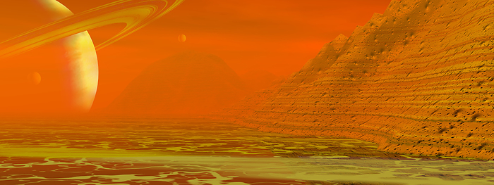 Titan landscape Titan landscape. Computer artwork of the surface of Titan, the largest moon of the ringed planet Saturn  left . Titan is known to have traces of complex hydrocarbon compounds in its nitrogen atmosphere. These form as sunlight acts on the methane in Titan s upper atmosphere. Clouds of methane and ethane vapour could produce rain to form rivers and oceans of hydrocarbons on the surface. Titan orbits over 1.2 million kilometres from Saturn, a ringed gas giant planet that is the sixth planet from the Sun. The gravity on Titan is about a seventh of Earth s. Surface temperatures are as cold as  183 degrees Celsius.