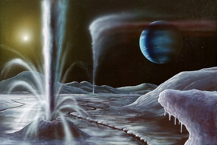 Ice volcanoes on Triton, artwork Ice volcanoes on Triton, artwork. Triton is the largest moon of Neptune  upper right . Triton s surface is one of the coldest in the solar system, with temperatures of minus 235 degrees Celsius. Its nitrogen and methane atmosphere forms ice on its surface, and dark stains have been observed, thought to be soot, ejected by geysers of nitrogen gas and blown into streaks by the prevailing winds. Triton is 355,000 kilometres from Neptune, which it itself around 4.5 billion kilometres from the Sun  upper left .