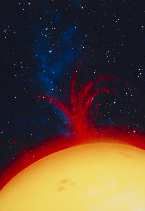 Artwork of Sun showing explosive prominence Artist s impression featuring part of the Sun and an explosive solar prominence  the red  orange fountain  in the region of a group of sunspots  dark patches on the face of the Sun . Prominences are sprays of incandescent gas that may be expelled hundreds of thousands of kilometers into space. Under the influence of the magnetic field that occurs in the region of sunspots, they tend to form closed loops. This explosive prominence  based on an actual Skylab image  has broken the grip of such a closed magnetic loop and is spraying chromospheric material upwards and outwards into space.