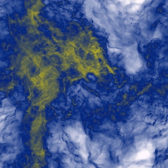 Molecular cloud, supercomputer simulation Molecular cloud. Supercomputer simulation of turbulence within a molecular cloud. Colour indicates density, blue is low density and yellow is high density. Molecular clouds within the interstellar medium  ISM , the region of dust and gas present within galaxies, are where new stars form. Supercomputers are used to simulate the conditions in molecular clouds  such as turbulence  that can give rise to starbirth. Simulation by Daniel Price, Exeter University, UK, using the SPLASH visualisation software.