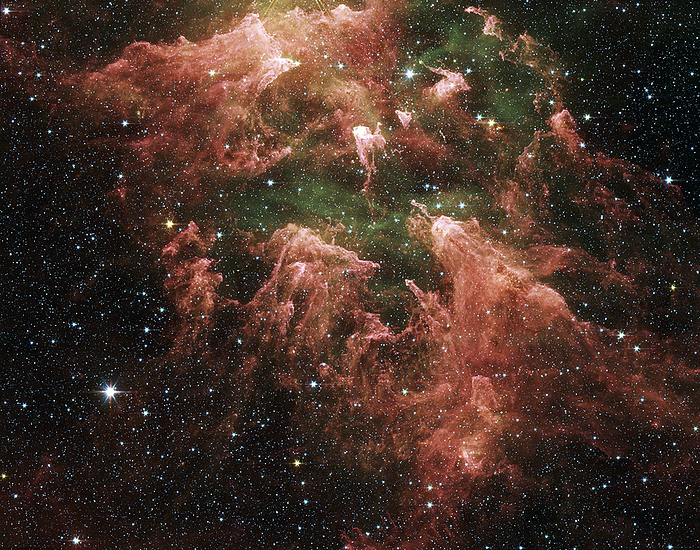 Eta Carinae nebula Eta Carinae nebula. Infrared Spitzer Space Telescope image of the South Pillar region of the Eta Carinae nebula. This nebula is named after the massive star Eta Carina, which is just off the top centre of this image. The wind and radiation from the star has sculptured these clouds of dust and gas into pillars pointing towards it. Within these clouds some of the gas and dust is condensing into stars. Eta Carinae, which has a mass over 100 times that of the Sun, is extremely unstable.