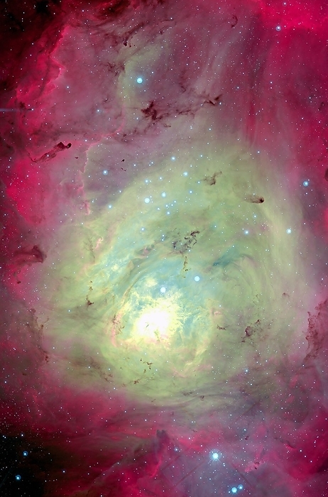 Lagoon Nebula Lagoon Nebula coloured optical image. This nebula  M8, NGC 6523  is a large starbirth region of gas and dust that lies around 3500 light years away, in the constellation Sagittarius. Its red glow is due to ionisation of hydrogen gas by radiation from hot young stars within it. Photographed by the Canada France Hawaii telescope on Big Island, Hawaii