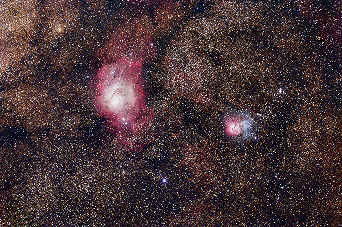 Lagoon  M8  and Trifid  M20  nebulae Lagoon and Trifid nebulae, optical image. The Lagoon nebula  M8  is at upper left, the Trifid nebula  M20  is at centre right. These are both huge starbirth regions, in which gas is coalescing into stars. Radiation from the hot young stars formed in the nebulae ionises the gas they contain, causing it to emit pink red light. The right hand portion of the Trifid nebula does not emit its own light, but instead reflects the light of nearby bright stars. Such reflection nebulae typically appear blue as blue light is scattered more effectively than redder wavelengths. Right and above of the Trifid nebula is the young star cluster M21. All these objects lie in the constellation Sagittarius.