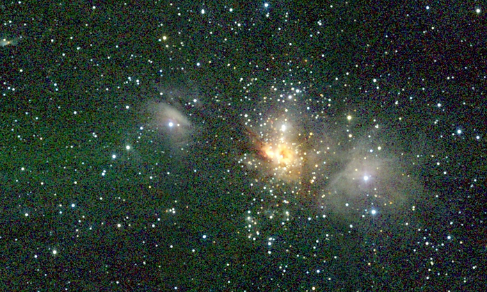 Star forming region Star forming region. Coloured infrared image of Monoceros R2  Mon R2 , a star forming region. Mon R2 is the yellowish area at centre, where many young, pre main sequence stars are embedded in a cloud of hydrogen gas and dust. The bright patches to either side are reflection nebulae surrounding young type B stars. Mon R2 is about 2700 light years from Earth. This image was made as part of the Two Micron All Sky Survey  2MASS  project.