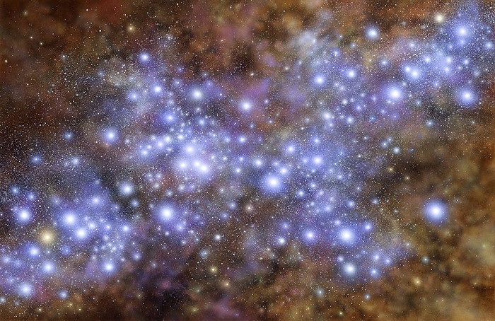 Star formation Star formation. Artwork of the formation of young, hot blue stars. Such starbirth regions arise when clouds of gas and dust are disturbed by shockwaves from star death and formation, or from colliding galaxies. When the density and temperature of the gravitationally contracting protostars reach high enough levels, ignition of nuclear fusion occurs and stars are born. Younger  population I  stars are blue and hot. Older  population II  stars are cool and yellow, the remnants of an earlier epoch of star formation where the large blue population II stars have long since burned out. The arms of spiral galaxies arise from population I stars that form from the gas and dust of older stars.