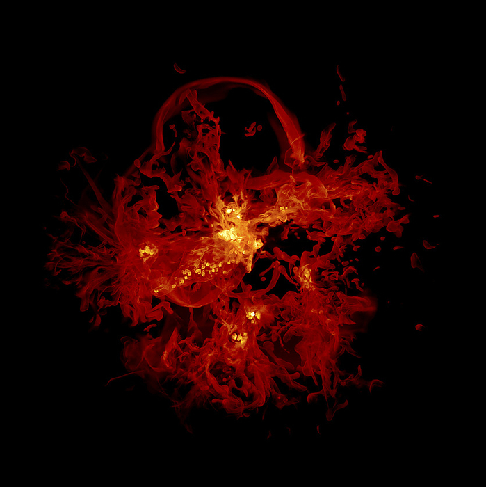 Galaxy formation Galaxy formation. Supercomputer simulation modelling the growth of galaxies as expansion of primordial gas. The image shows the gas 0.2 billion years after the start of the simulation. The frame measures 500,000 light years across. Within the gas cloud are clusters of new stars  unseen  which eventually die and explode as supernovae. The explosions create heavy elements which enrich the gas and become recycled to repeat the process of new star formation. Previous calculations suggest that galaxy formation was a slow and gradual process lasting 10 billion years. The present model suggests it is much quicker, with most heavy elements created by 1 billion years. This simulation was performed in 2006 on the Earth Simulator supercomputer, Japan.