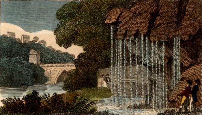 Dropping Well or Petrifying Spring, Knaresborough, Yorkshire, England. Minerals leached from the limestone rock by water covered everything with deposit, making them seem to be turned to stone. From 'Scenes in England' by the Rev. Isaac Taylor, London, 1822. Hand-coloured engraving.