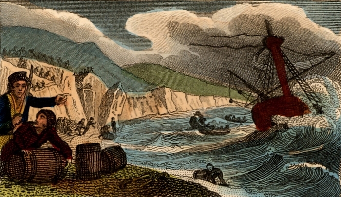 Wreckers in Cornwall, England, collecting anything useful they can from the wreck of a ship they have lured to destruction on the shore. From 'Scenes in England' by the Rev. Isaac Taylor, London, 1822. Hand-coloured engraving.