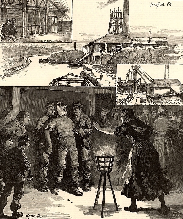 Colliery explosion near Accrington, North Lancashire, England, November 1883. Of the 110 men and boys below ground at the time, 30 men died. The main picture shows an injured miner (pitman) brought to the surface and his anxious wife rushing forward to greet him. Engraving from 'The Illustrated London News' (London, 17 November 1883).