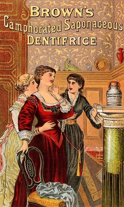 Brown's Camphorated Saponaceous Dentifrice - for sale everywhere. 25cents per bottle. American trade card for toothpaste. Chromolithograph c1890.