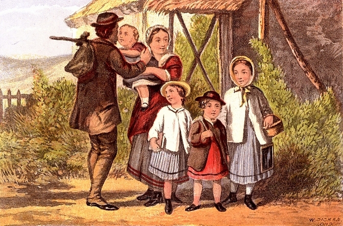 Monday Morning: father going to work with food tied up in a cloth, saying goodbye to his family. The three older children leave for school. The girl on the right has her writing slate hanging from her waist. From 'Household Pictures for Home and School'. Chromolithograph c1890.